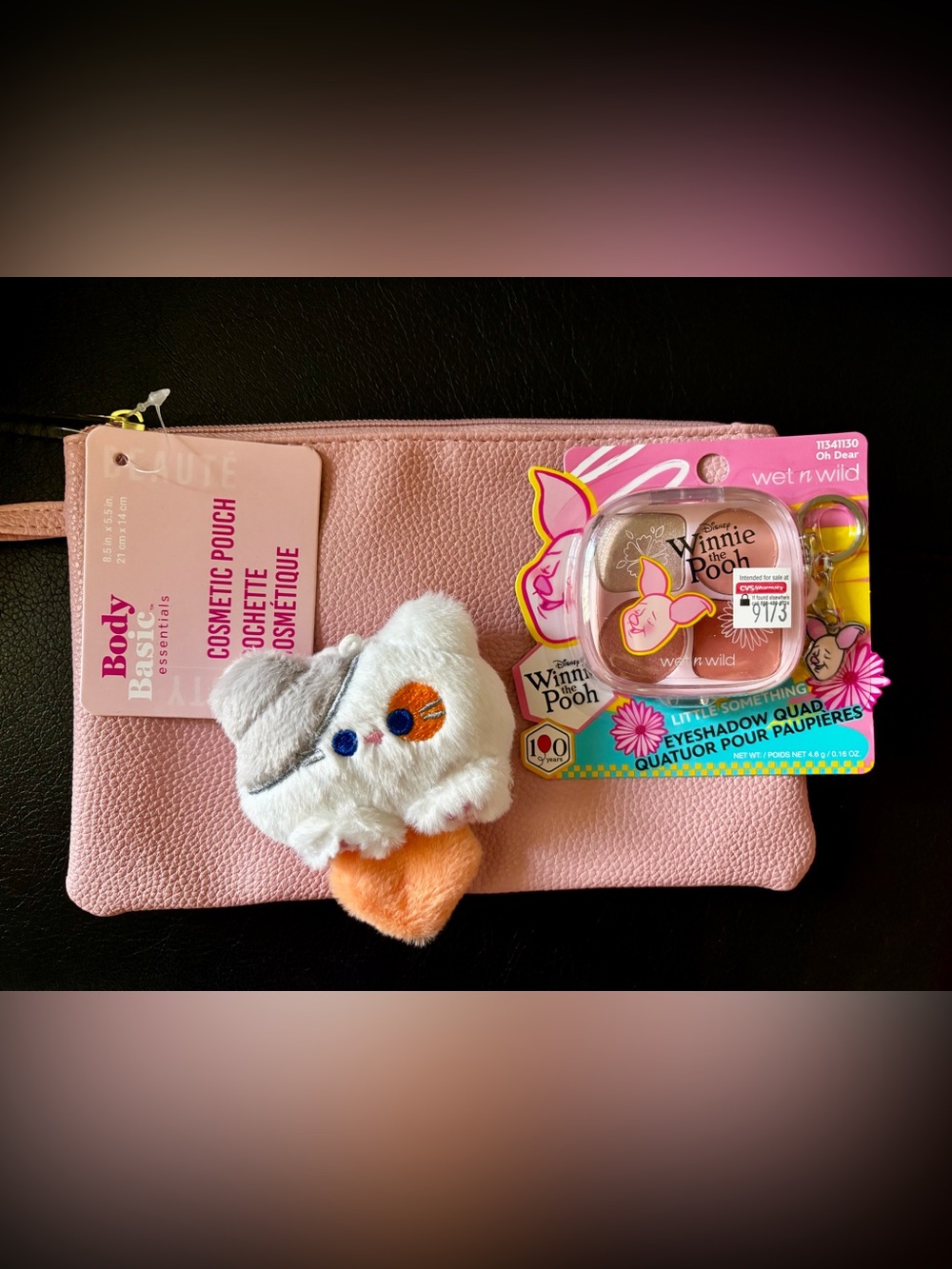 wet n wild Piglet Shadow Quad + Fun Bag Charm + Pink Wristlet Cosmetic Bag